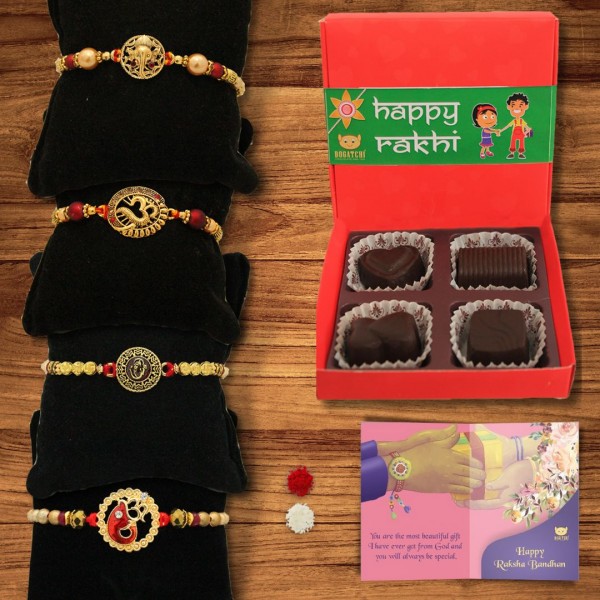 BOGATCHI 4 Chocolate Box 4 Rakhi Roli Chawal and Greeting Card C  | Unique Rakhi Gifts for Sister | Rakhi with Chocolate Online 